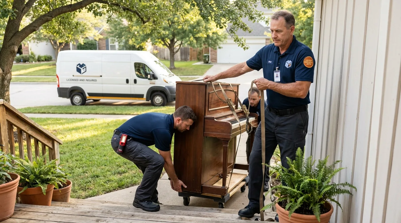 Licensed piano movers securing grand piano in Capitola, CA