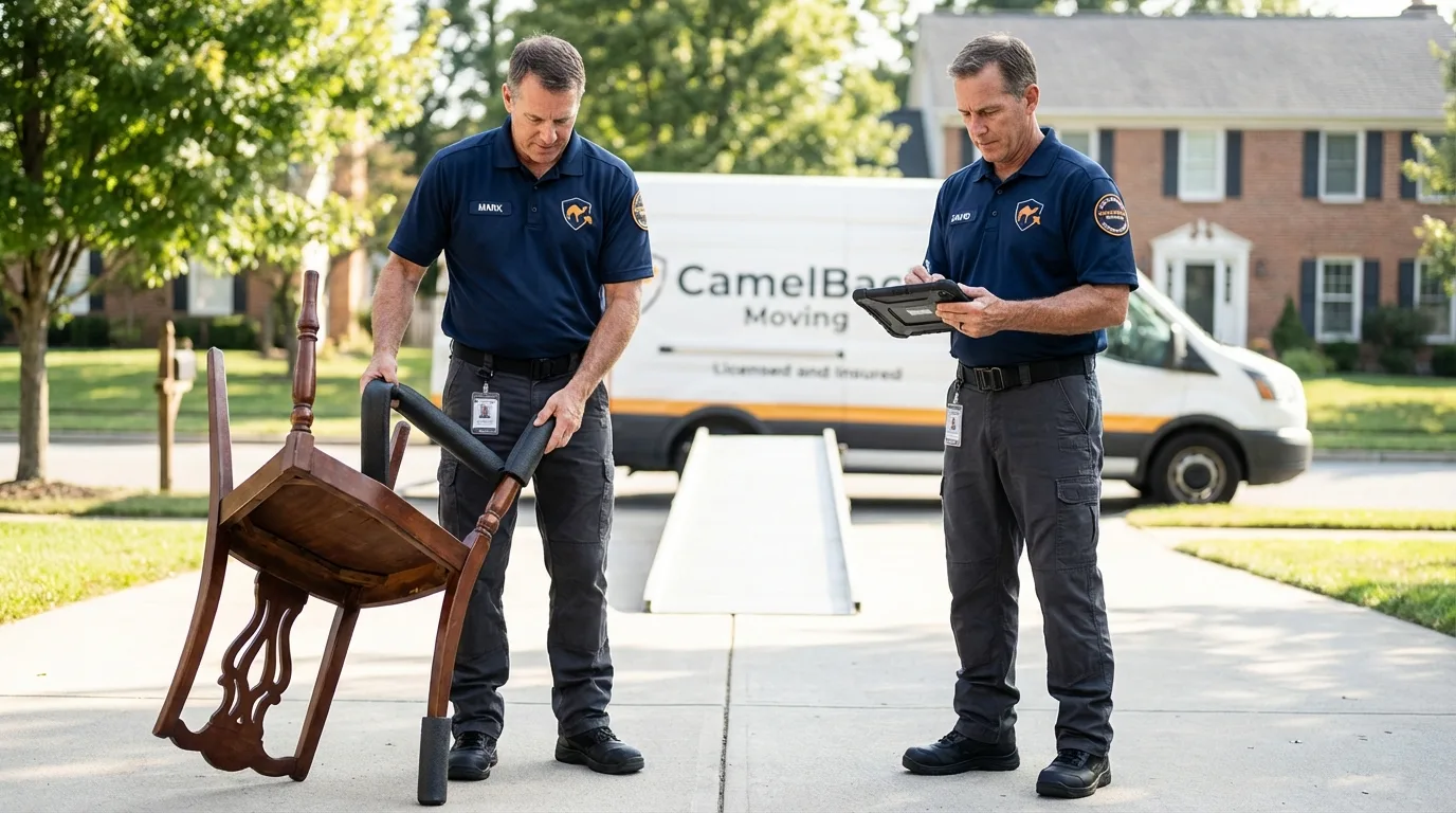 Movers inspecting furniture for damage prevention before loading in Capitola, CA