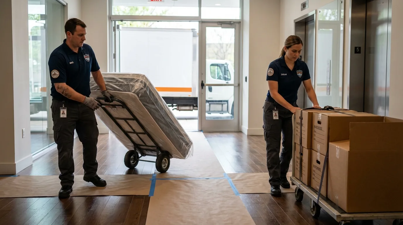 Professional apartment movers loading elevator in Capitola, CA